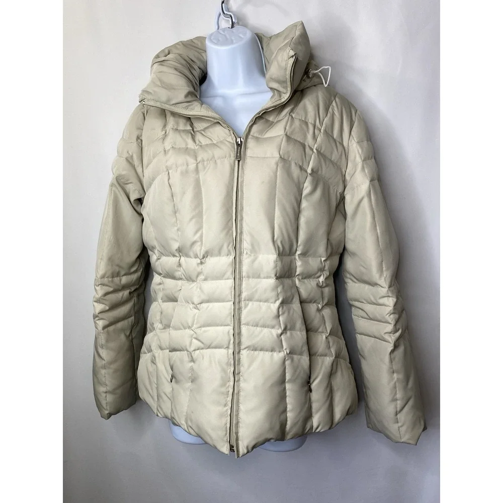 Calvin Klein Jacket Woman Medium White Hooded Goose Down Puffer Full Zip Coat‎